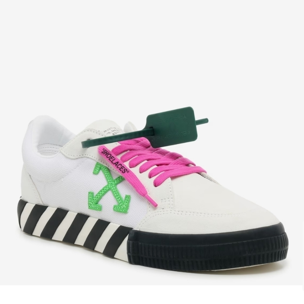 OFF WHITE, Low Vulcanized Sneaker, Men's, White/Magenta/Lime Green Canas & Suede - Picture 1 of 16